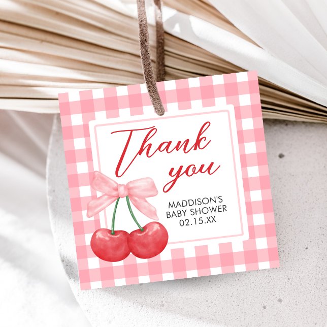 Cherry on Top Baby Shower Gåvor Etiketter (Gingham Cherry Baby Shower Favor Tags)