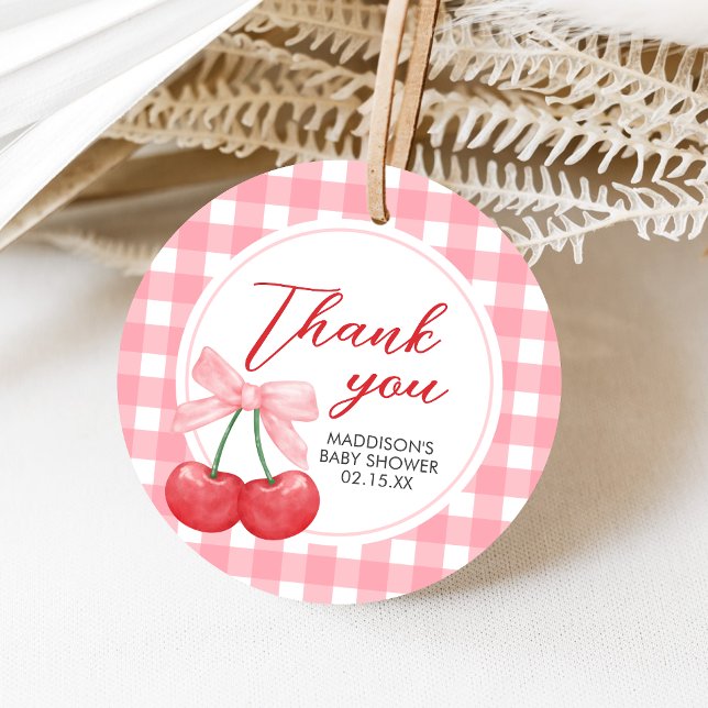 Cherry on Top Baby Shower Gåvor Etiketter (Gingham Cherry Baby Shower Favor Tags)