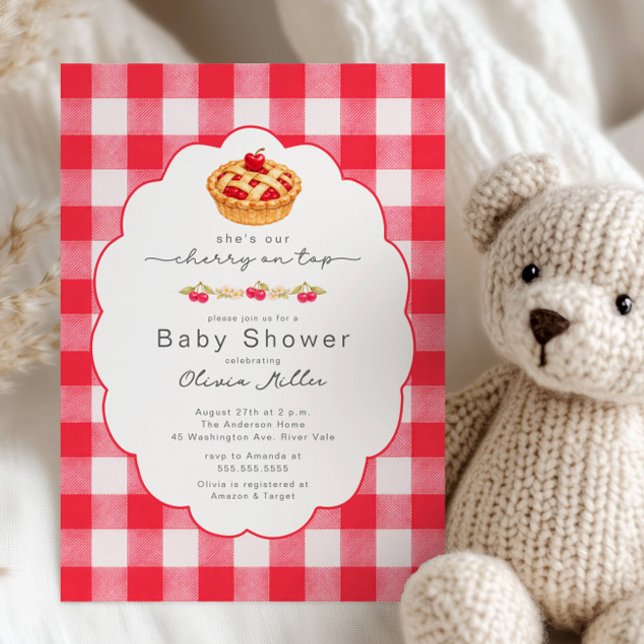 Cherry on Top Baby Shower Gingham Invite Inbjudningar (Skapare uppladdad)