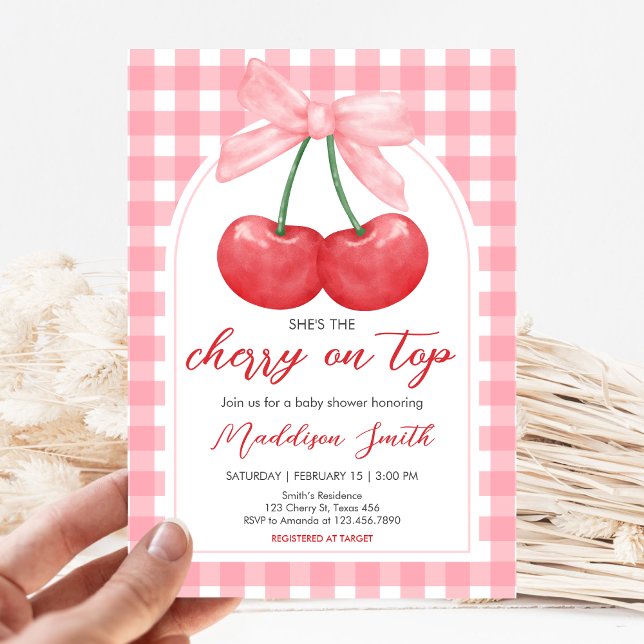 Cherry on Top Baby Shower Inbjudningar (Gingham Cherry Baby Shower Invitation)