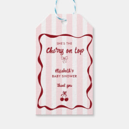 Cherry on Top Baby Shower Pink Stripes Bow Presentetikett