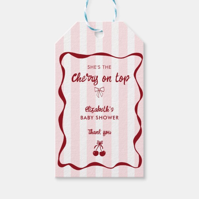 Cherry on Top Baby Shower Pink Stripes Bow Presentetikett (Framsidan)