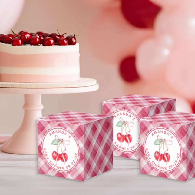 Cherry on Top Baby Shower Rosa Gingham Favoritbox Presentaskar (Favor Box)