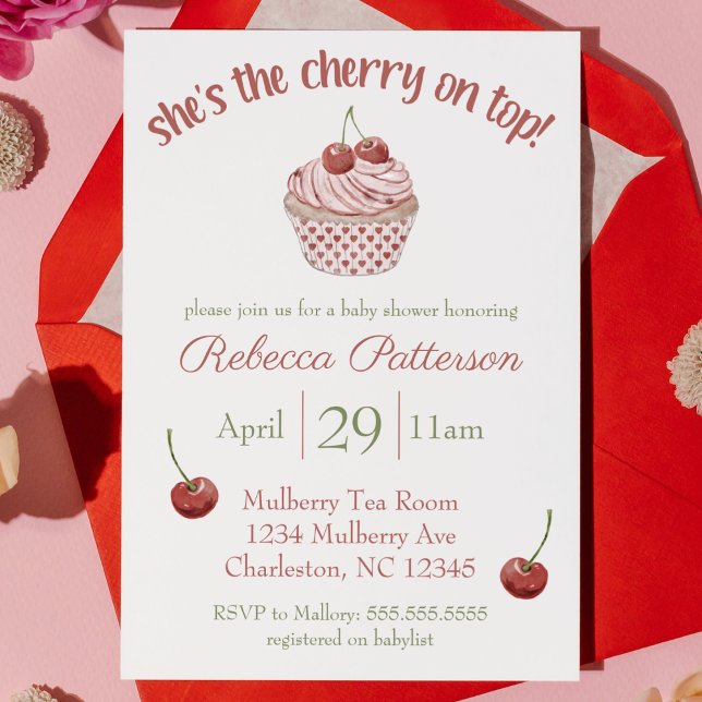 "Cherry on Top", babyskor för Coquette Cupaka Inbjudningar ("she's the cherry on top" pink and red cupcake girl baby shower invitation coquette cute watercolor)
