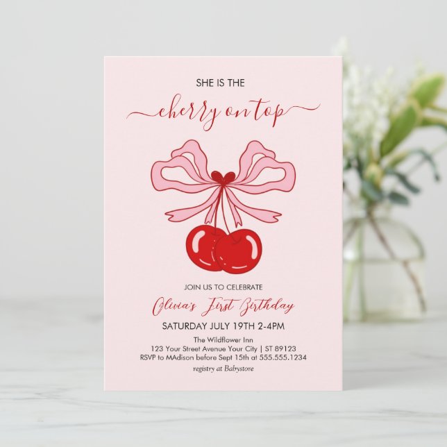 Cherry on Top Birthday Cherries 1st Birthday Inbjudningar (Stående Fram)