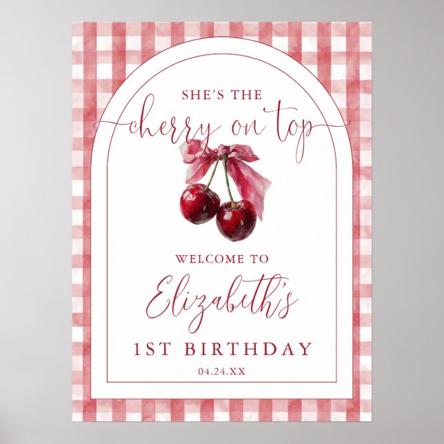 Cherry On Top Bow Birthday Welcome Sign Poster (Framsidan)