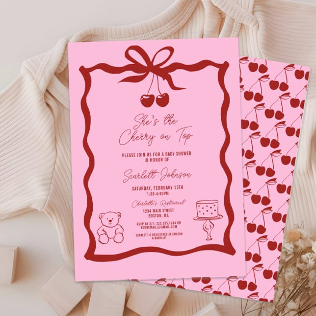 Cherry on Top Bow Rosa and Red Baby Shower Inbjudningar (She's the Cherry on Top Baby Shower Invitation, It's a Girl, Pink and Red, Hand Drawn, Bow, Chic)