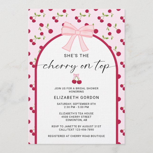 Cherry On Top Bridal Shower Coquette Bow Inbjudningar (Framsida)