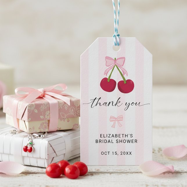 Cherry On Top Bridal Shower Coquette Bow Stripes Presentetikett (Skapare uppladdad)