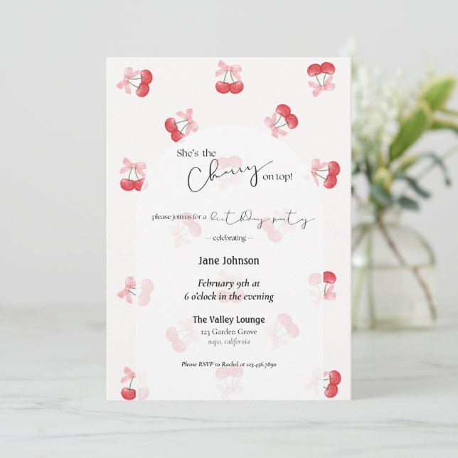 Cherry On Top Cherries & Bows Birthday Invitation Inbjudningar (Stående Fram)