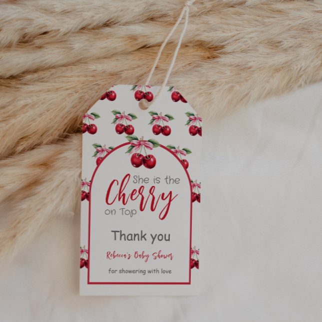 Cherry on Top Coquette Bow Baby Shower Favor Presentetikett (Skapare uppladdad)