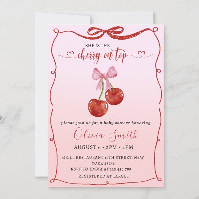 Cherry on Top Coquette Bow Cherry Girl Baby Shower Inbjudningar (Framsida)