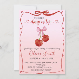 Cherry on Top Coquette Bow Cherry Girl Baby Shower Inbjudningar
