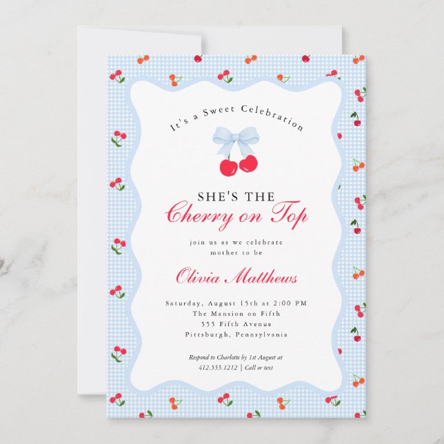 Cherry on Top Coquette Bow Gingham Barnrumsfirande Inbjudningar (Framsida)