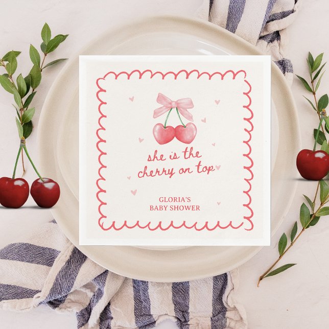Cherry on Top Coquette Bow Girl's Baby Shower Pappersservett (She is the cherry on top Baby Shower Personalized Napkins 
Decoration)