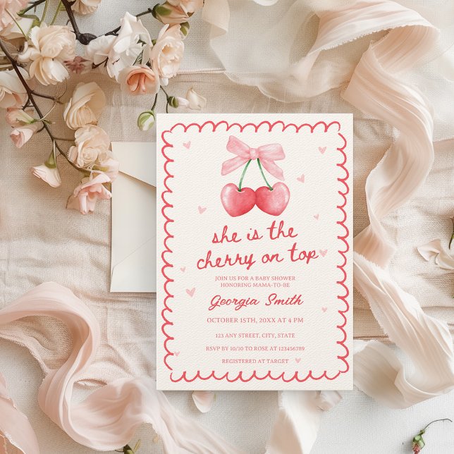 Cherry on Top Coquette Bow Hand-dragen babystötare Inbjudningar (She is the cherry on top Baby Shower Invitation Coquette Bow Pink & Red Vintage Retro)