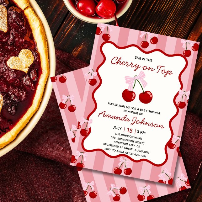 Cherry on Top Coquette Bow Rosa Girl Baby Shower Inbjudningar (Blush pink cherry baby shower invitation with cute bow, whimsical and sweet design)