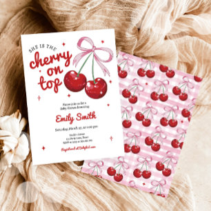 Cherry on Top Coquette Bow Rosa Girl Baby Shower Inbjudningar
