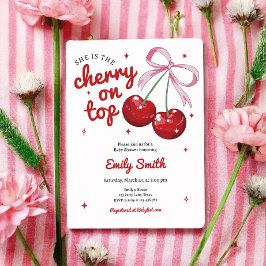 Cherry on Top Coquette Bow Rosa Girl Baby Shower Inbjudningar