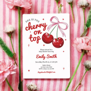 Cherry on Top Coquette Bow Rosa Girl Baby Shower Inbjudningar