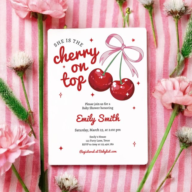 Cherry on Top Coquette Bow Rosa Girl Baby Shower Inbjudningar (Skapare uppladdad)