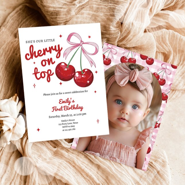 Cherry on Top Coquette Bow Rosa Girl Birthday Inbjudningar (Skapare uppladdad)