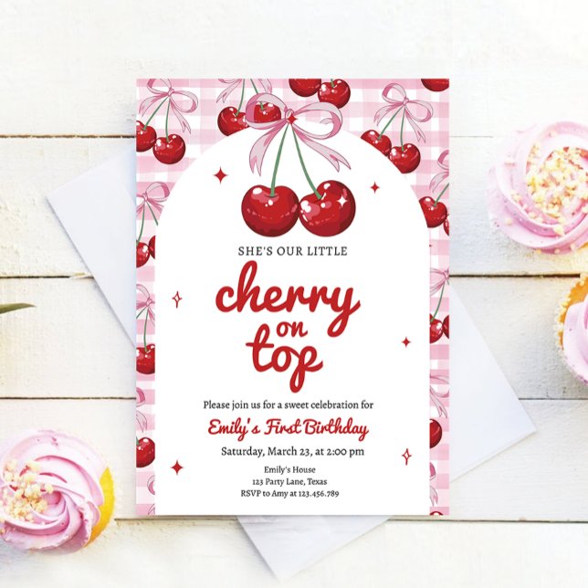 Cherry on Top Coquette Bow Rosa Girl Birthday Inbjudningar (Skapare uppladdad)