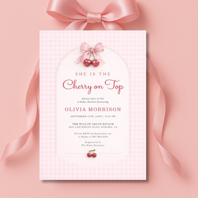 Cherry on Top Coquette Bow Rutigt Babykalas Inbjudningar (Skapare uppladdad)