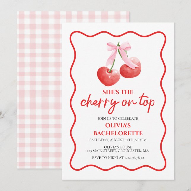 Cherry on Top coquette möhippa Inbjudningar (Fram/baksida)