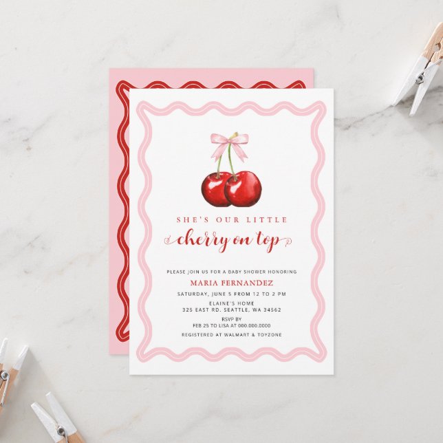 Cherry on Top Coquette Rosa Bow Girl Baby Shower Inbjudningar (Fram/Back In Situ)