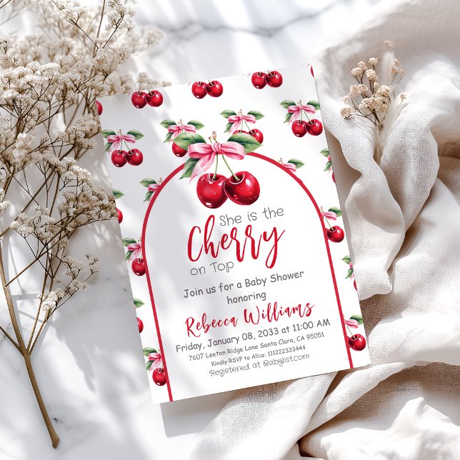 Cherry on Top Coquette Rosa Bow Girl Baby Shower Inbjudningar (Skapare uppladdad)