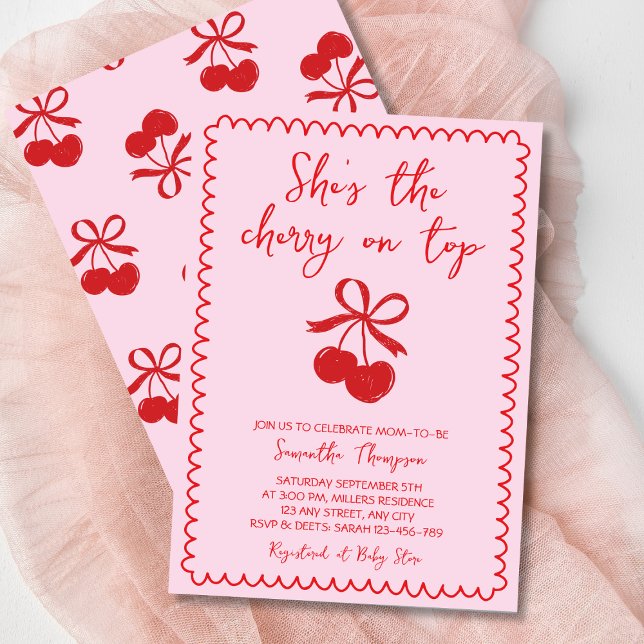 Cherry on Top Cute Hand plockade Flicka Shower Inbjudningar (Cherry On Top Cute Hand Drawn Baby Girl Shower Invitation)