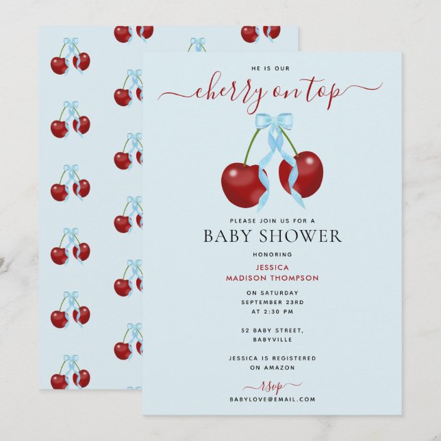 Cherry on Top Modern Baby Shower Blue Bow Boy Inbjudningar (Fram/baksida)