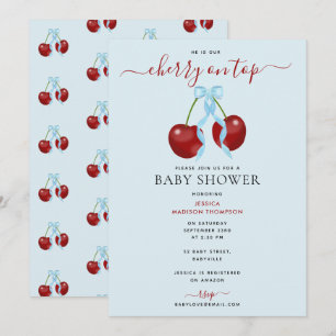 Cherry on Top Modern Baby Shower Blue Bow Boy Inbjudningar