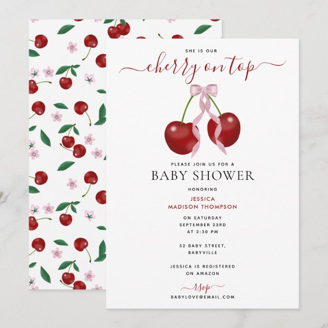 Cherry on Top Modern Baby Shower Rosa Bow Girl Inbjudningar (Fram/baksida)