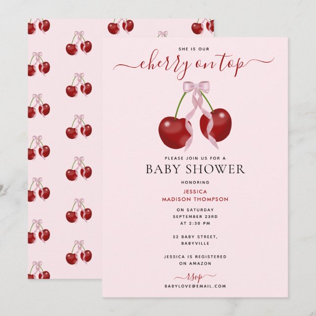Cherry on Top Modern Baby Shower Rosa Bow Girl Inbjudningar (Fram/baksida)
