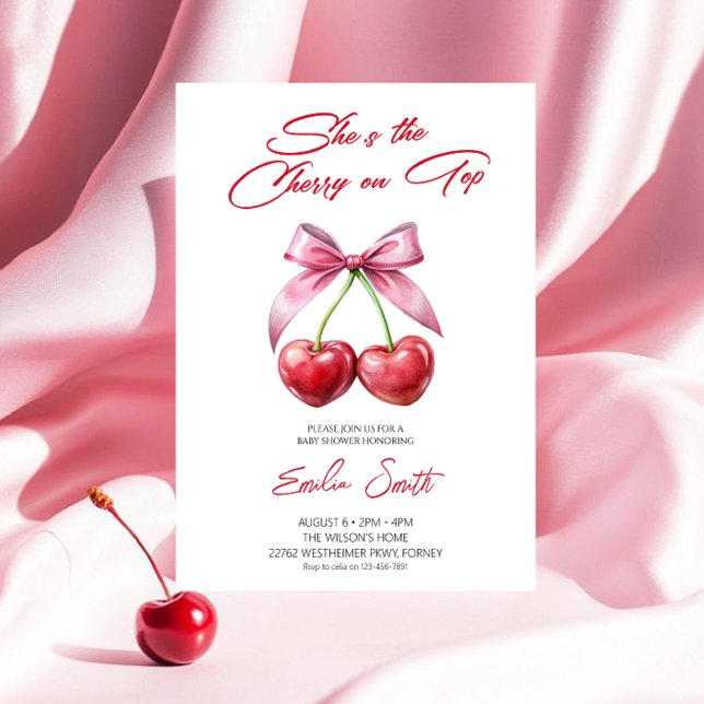  Cherry on Top pink bow Baby Shower Invitation Inbjudningar (Skapare uppladdad)
