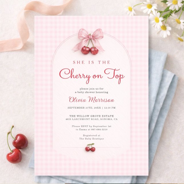 Cherry on Top Pink Bow Gingham Baby Shower Inbjudningar (Skapare uppladdad)