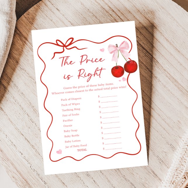Cherry on Top Pink Bow Shower Price is Right Game (Coquette Cherry on Top Baby Shower Game)