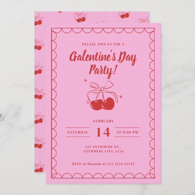 Cherry On Top Pink Galentine's Day Inbjudningar (Fram/baksida)