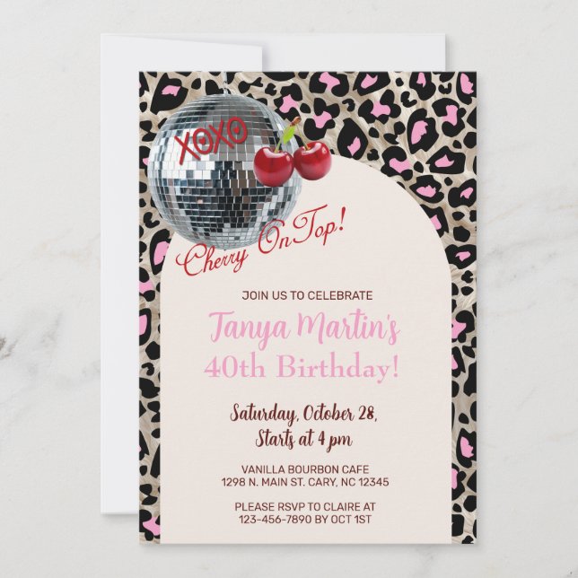 Cherry On Top pink leopard animal print invite. Inbjudningar (Framsida)