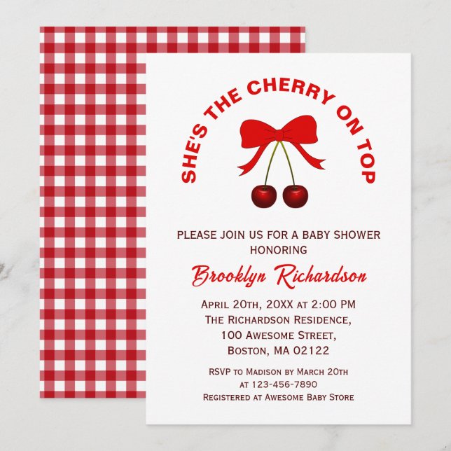 Cherry on Top Red Coquette Bow Girl Shower Inbjudningar (Fram/baksida)