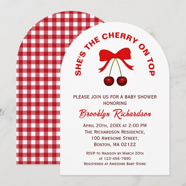 Cherry on Top Red Coquette Bow Girl Shower Inbjudningar (Fram/baksida)