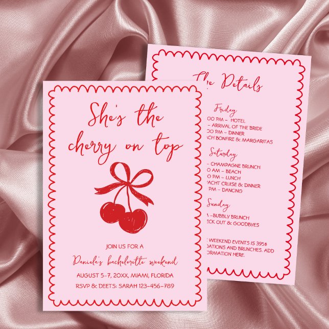 Cherry on Top Red Hand plockade Bachelorette Helg Inbjudningar (Cherry On Top Red Hand Drawn Bachelorette Weekend Invitation)