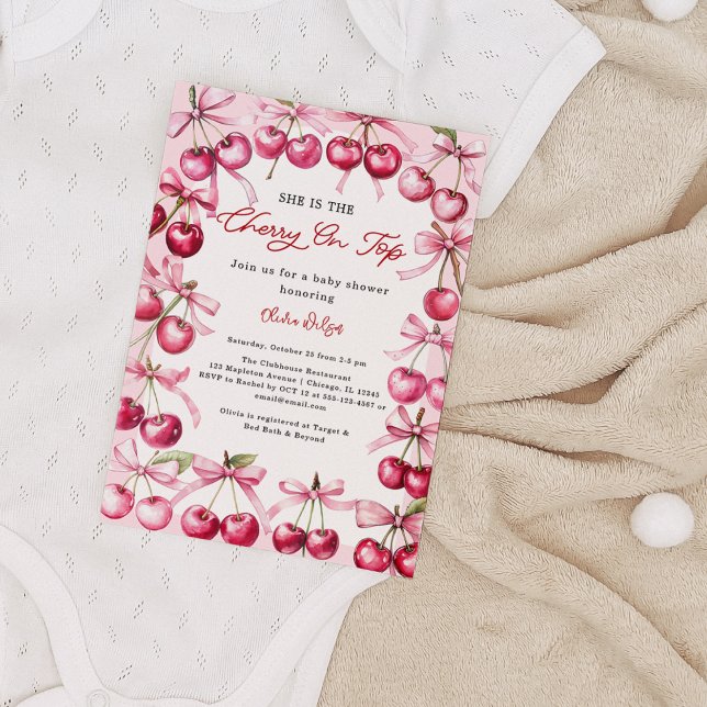 Cherry on top Rosa bobär Flicka Shower Inbjudningar (Cherry Baby Shower Invitation – Pink Bow & Berries Coquette Girl Baby Shower Invite)