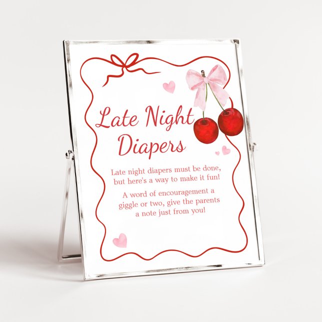 Cherry on Top Rosa Bow Baby Late Night Diaper Poster (Cherry on Top Baby Shower Late Night Diapers Sign)