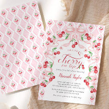 Cherry on Top Rosa Bow Baby Shower-inbjudan