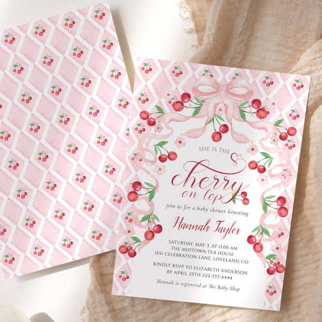 Cherry on Top Rosa Bow Baby Shower-inbjudan Inbjudningar (Skapare uppladdad)