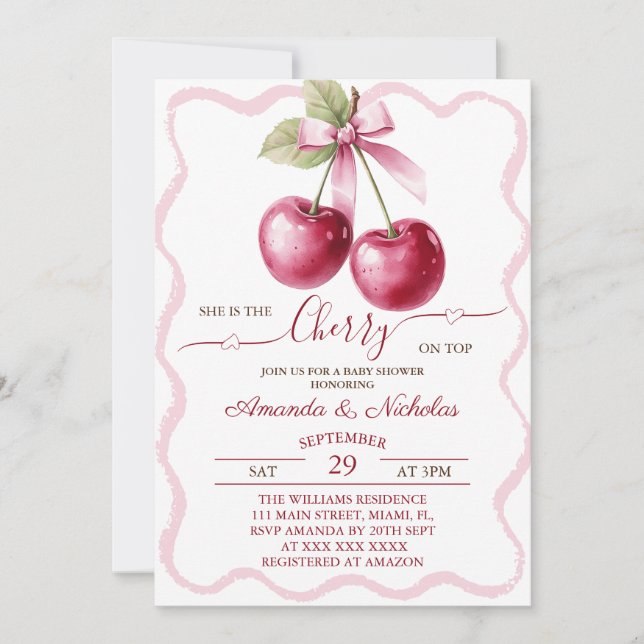 Cherry on Top Rosa Bow Baby Shower Inbjudningar (Framsida)