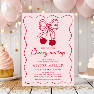 Cherry on Top Rosa Bow Baby Shower Inbjudningar